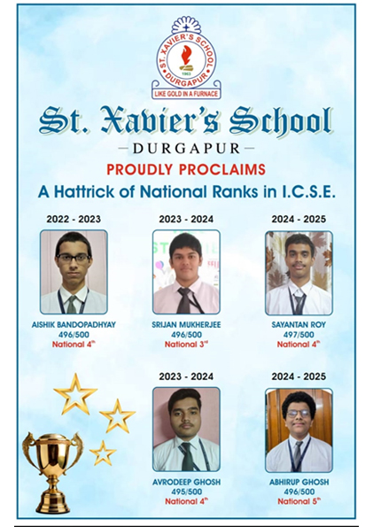 St. Xavier’s School, Durgapur proudly proclaims a hattrick of National ranks in ICSE (2022-23, 2023-24 & 2024-25).