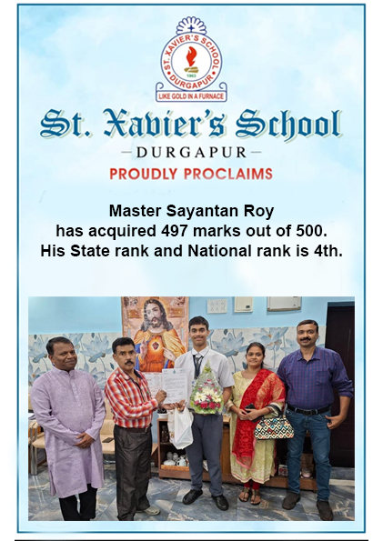 Master Sayantan Roy has acquired 497 marks out of 500. His State rank and National rank is 4th
